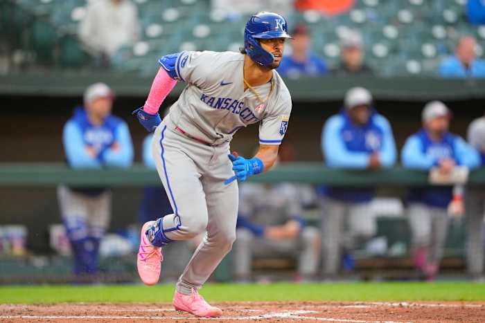 May 8, 2022; Baltimore, Maryland, USA; Kansas City Royals catcher MJ Melendez (1) runs out a double against the Baltimore Orioles during the fifth inning at Oriole Park at Camden Yards. Mandatory Credit: Gregory Fisher-USA TODAY Sports